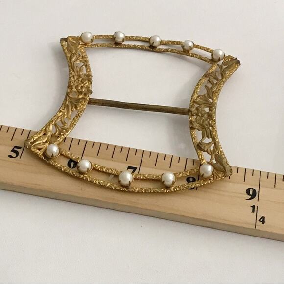 Vintage Ornate Filigree Pearl Gold Gilt Victorian Sash Belt Buckle Large Estate - Picture 2 of 14